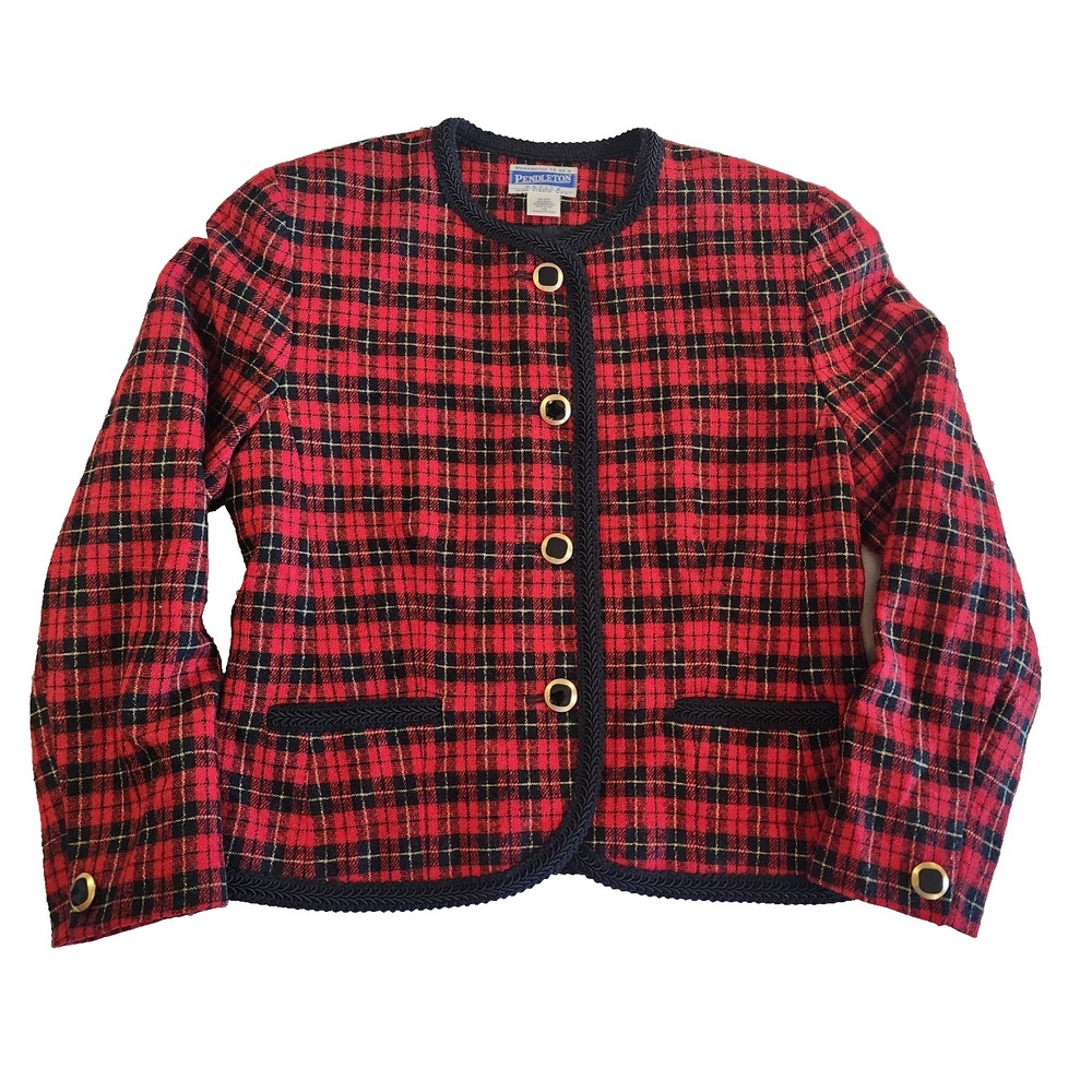 Vtg Pendleton 100% Virgin Wool Tartan Plaid Red Blazer Jacket 10 Petite